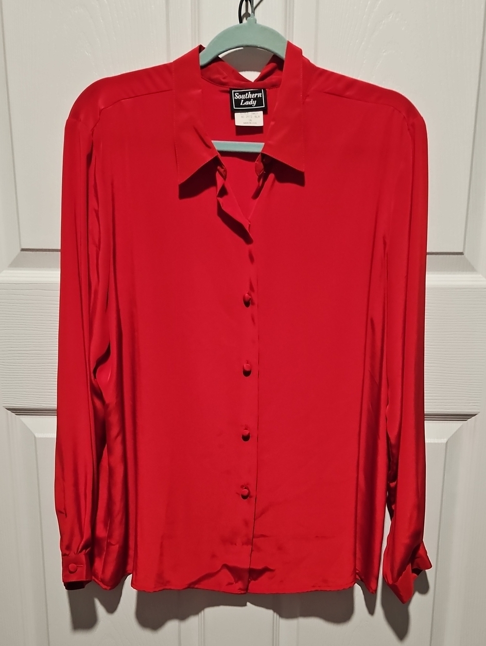 Vintage 80s Red Silky Long Sleeve Blouse Made In USA
